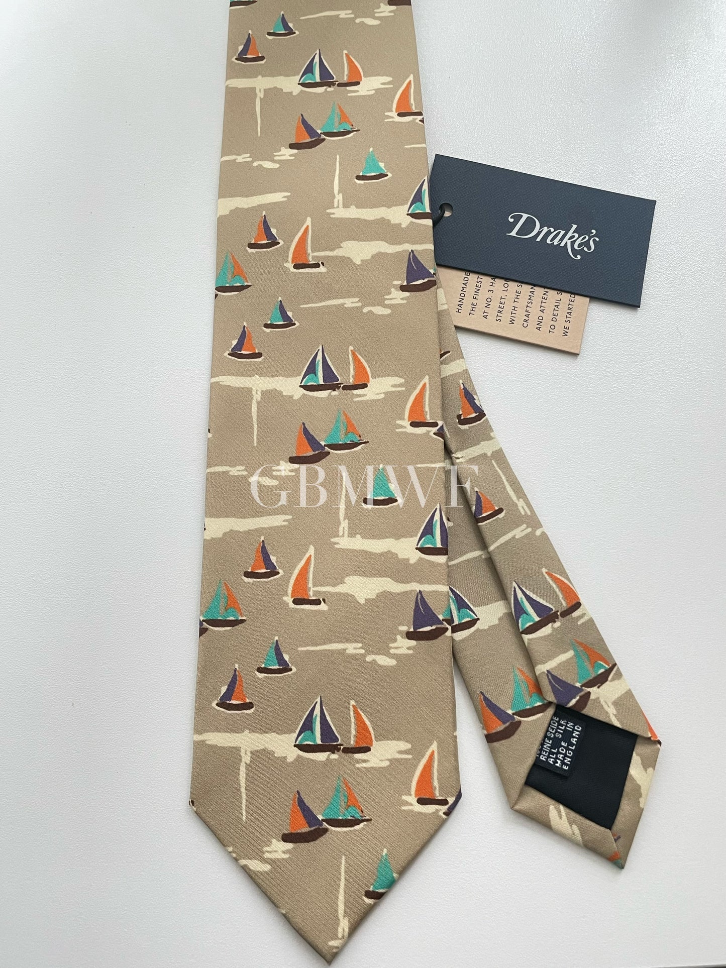 Drakes Handmade Tipped Silk Tie With Tag Sailboat Pattern