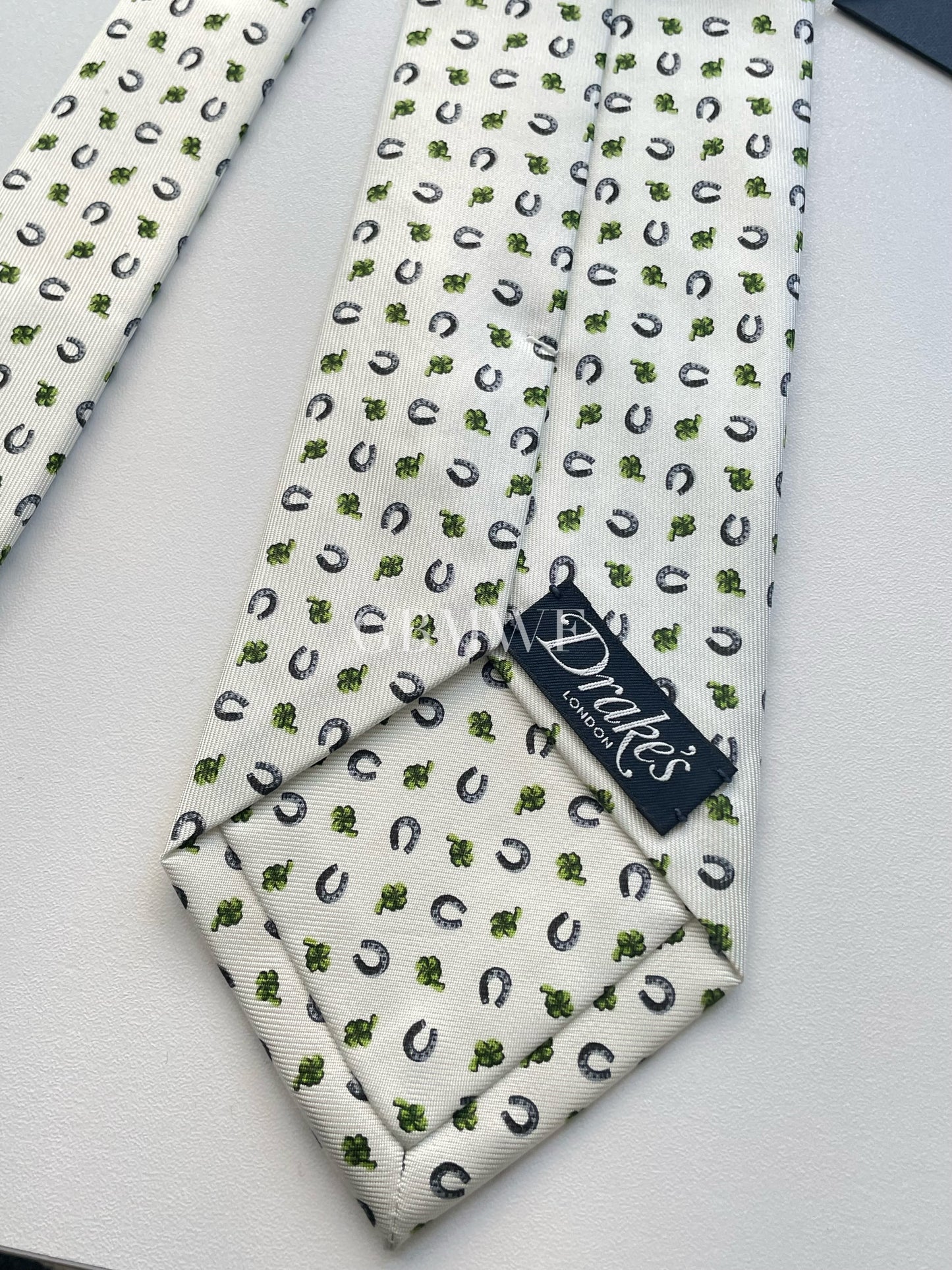 Drakes Handmade Tipped Silk Tie With Tag Horseshoe and Four-leaf clover