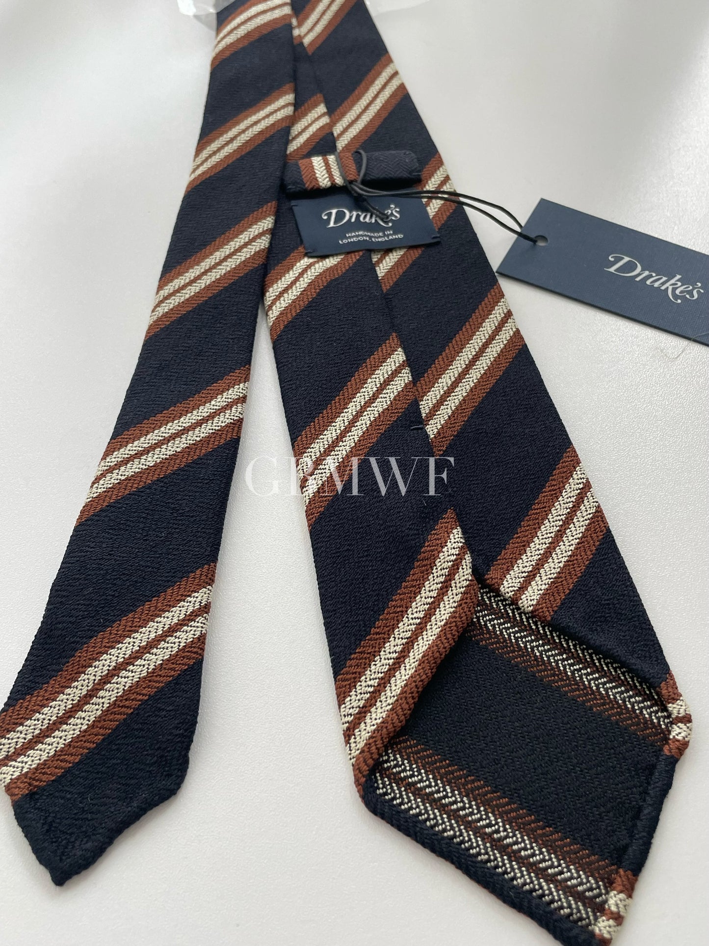 Drakes Handmade Striped Tipped Silk Tie With Tag