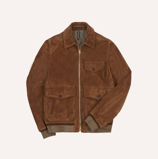 Drakes Tobacco Heavyweight Suede A-2 Bomber Jacket Size 44