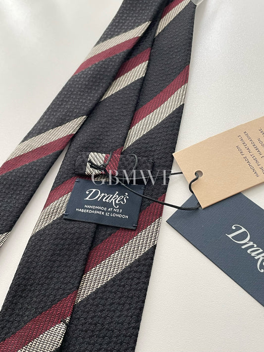 Drakes Hand-rolled Edge Block Stripe Silk Handmade Tie With Tag