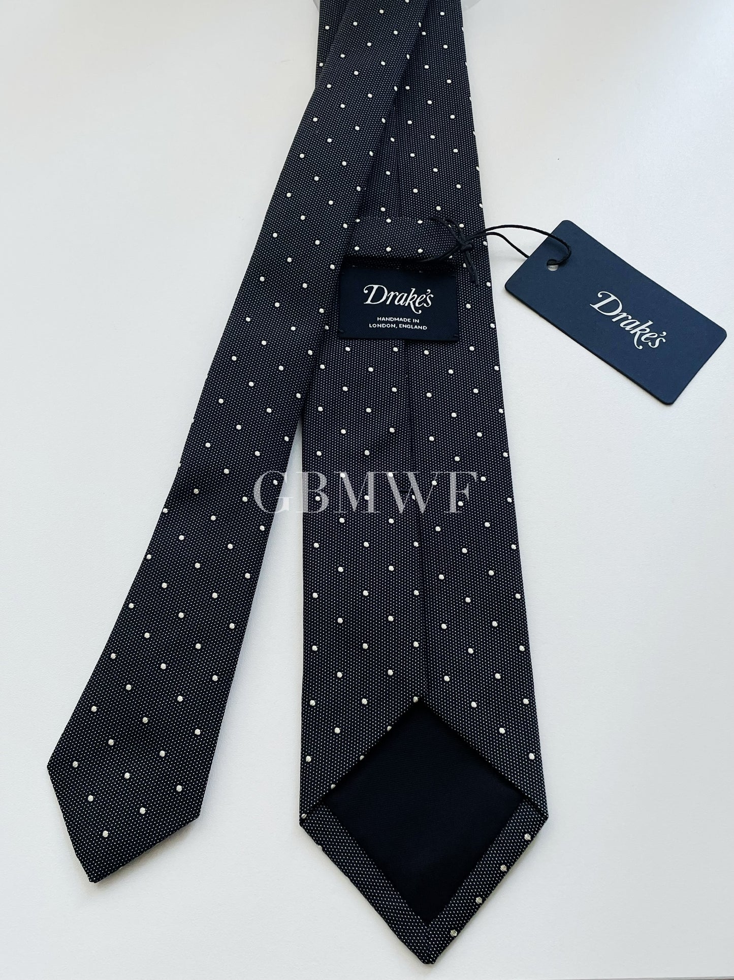 Drakes Handmade Polka Dot Tipped Silk Tie With Tag