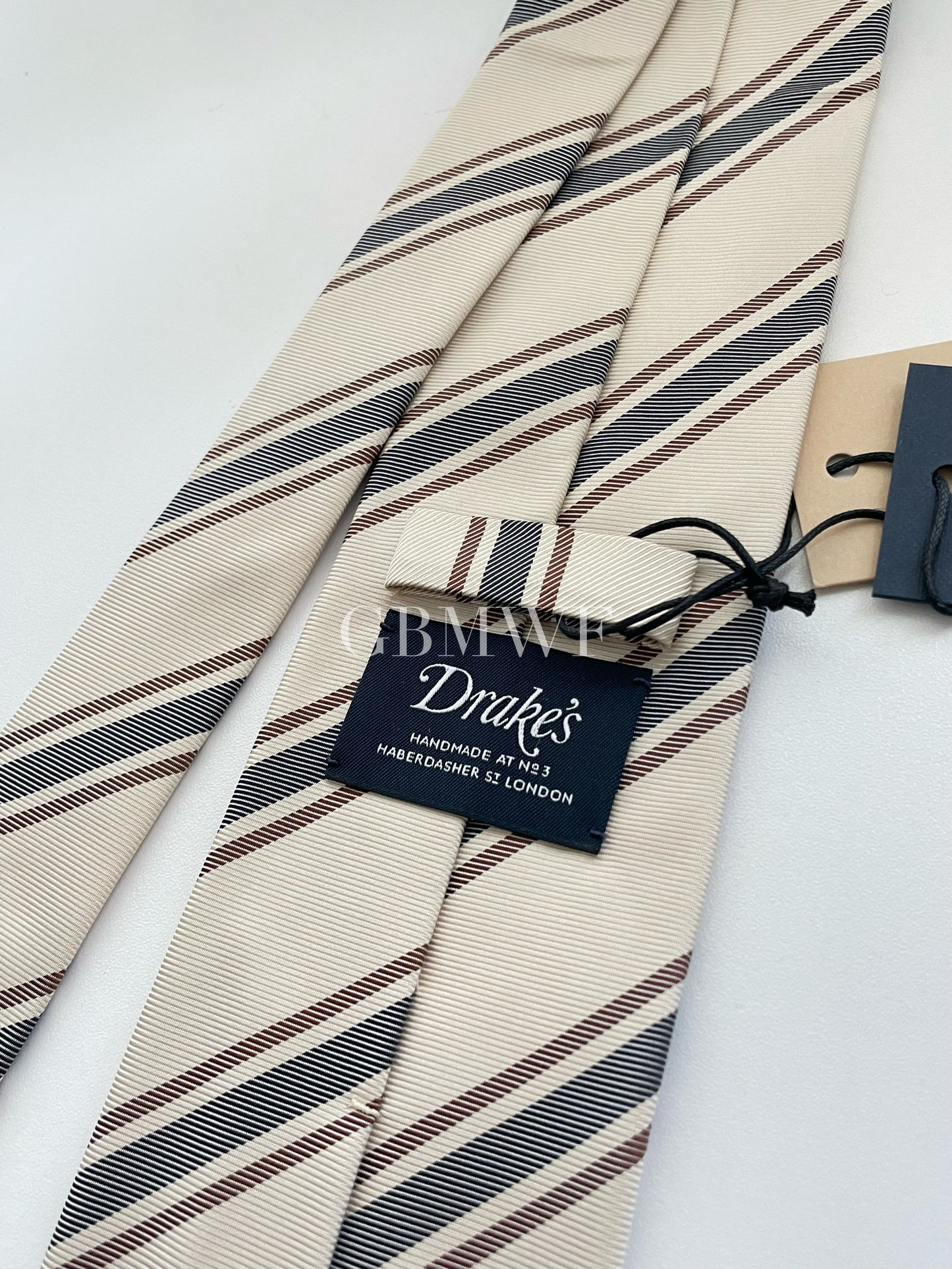 Drakes Handmade Striped Tipped Silk Tie With Tag