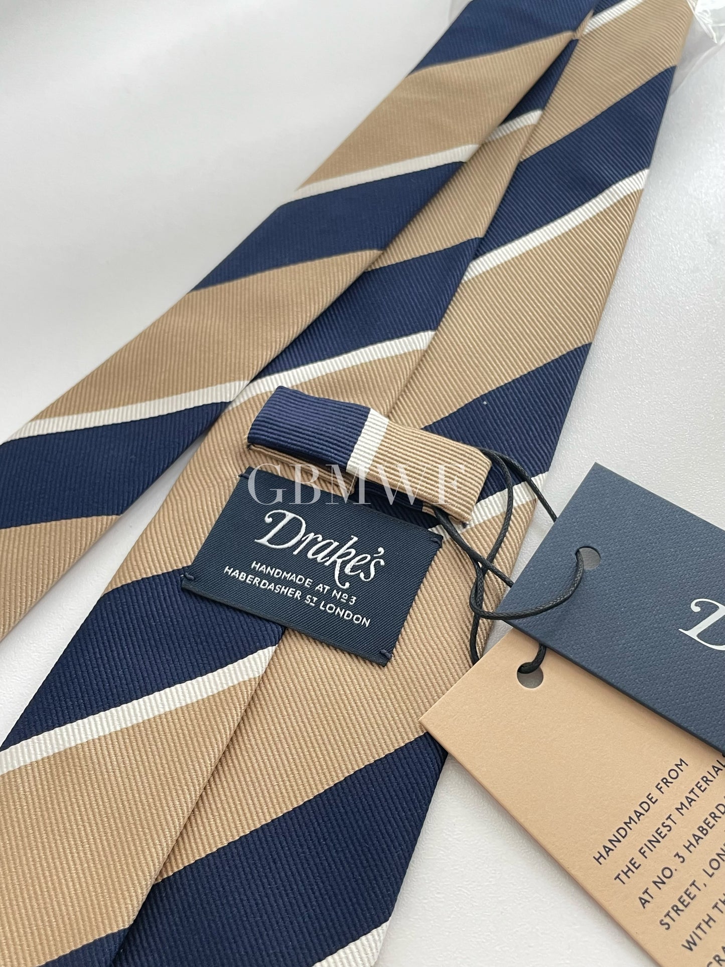 Drakes Handmade Striped Tipped Silk Tie With Tag