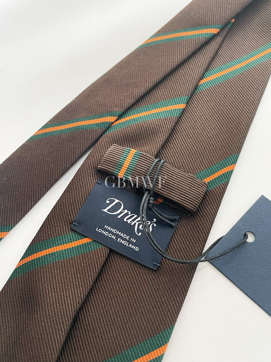 Drakes Handmade Striped Tipped Silk Tie With Tag