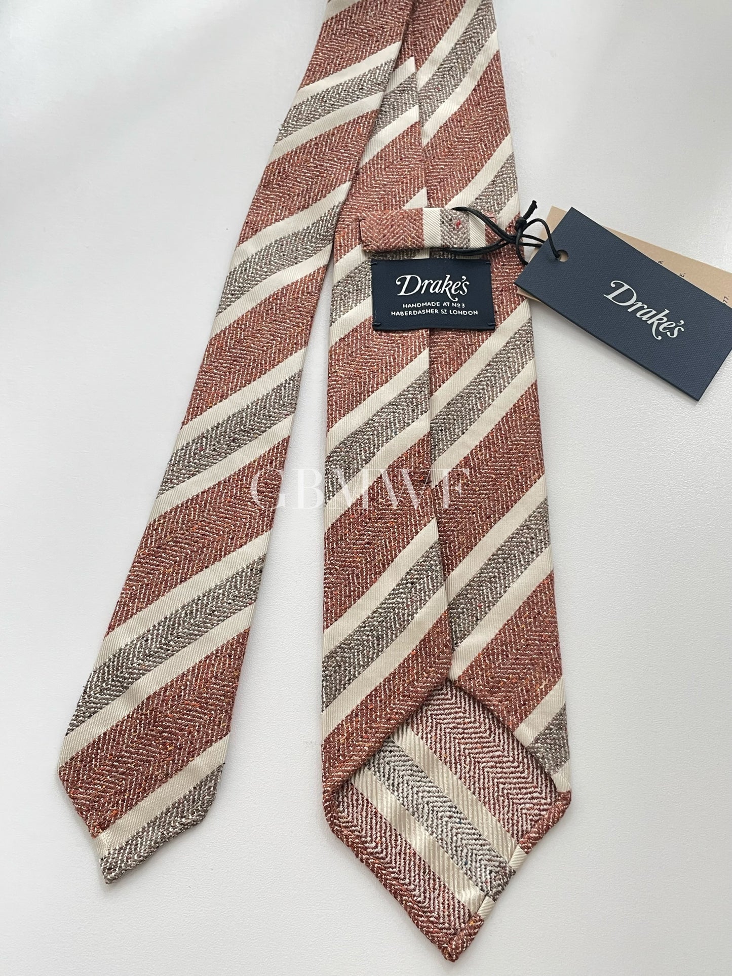 Drakes Handmade Striped Tipped Silk Tie With Tag