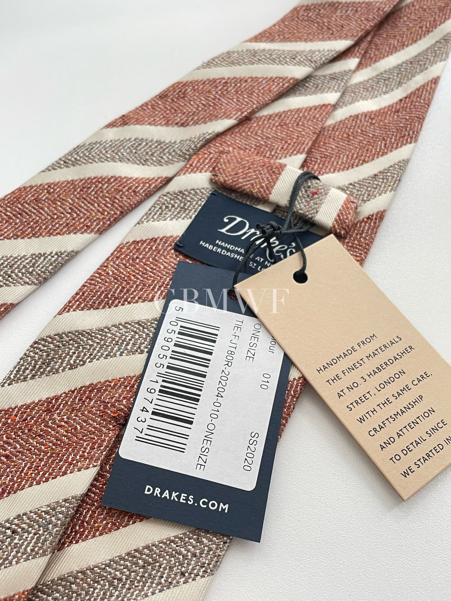 Drakes Handmade Striped Tipped Silk Tie With Tag