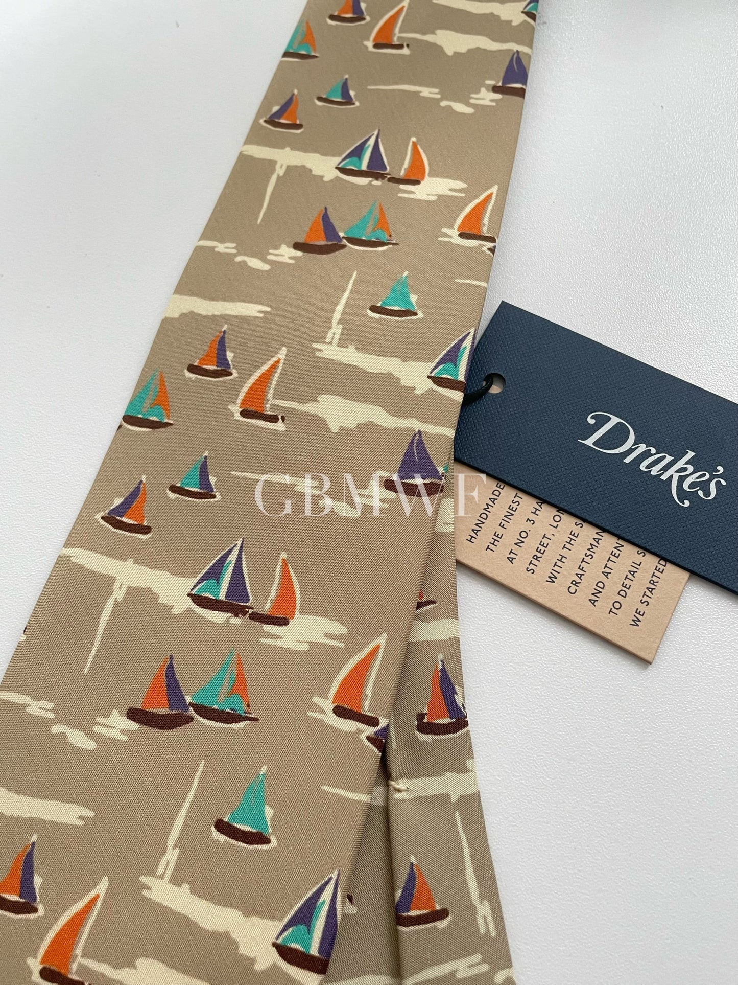 Drakes Handmade Tipped Silk Tie With Tag Sailboat Pattern