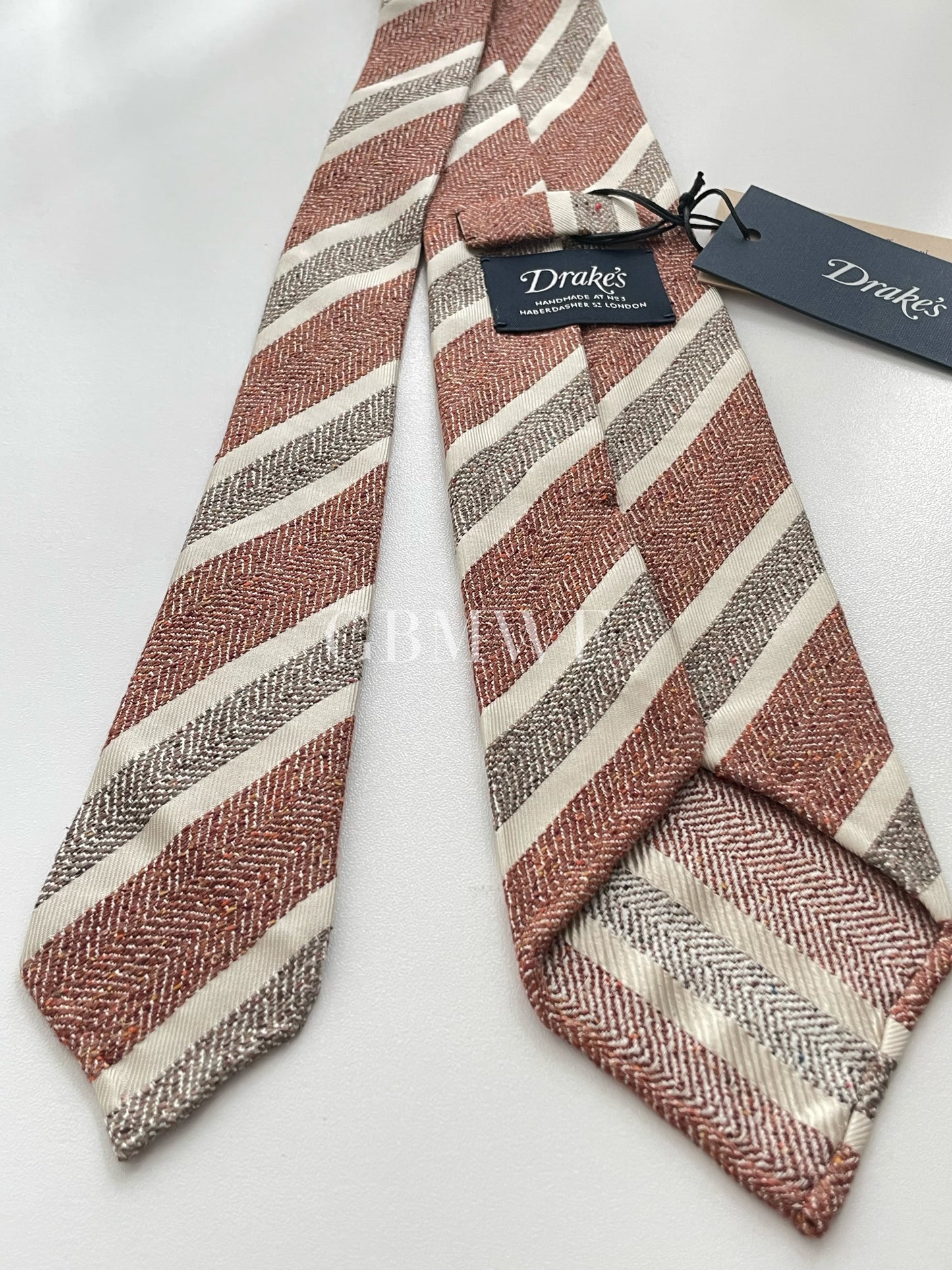 Drakes Handmade Striped Tipped Silk Tie With Tag