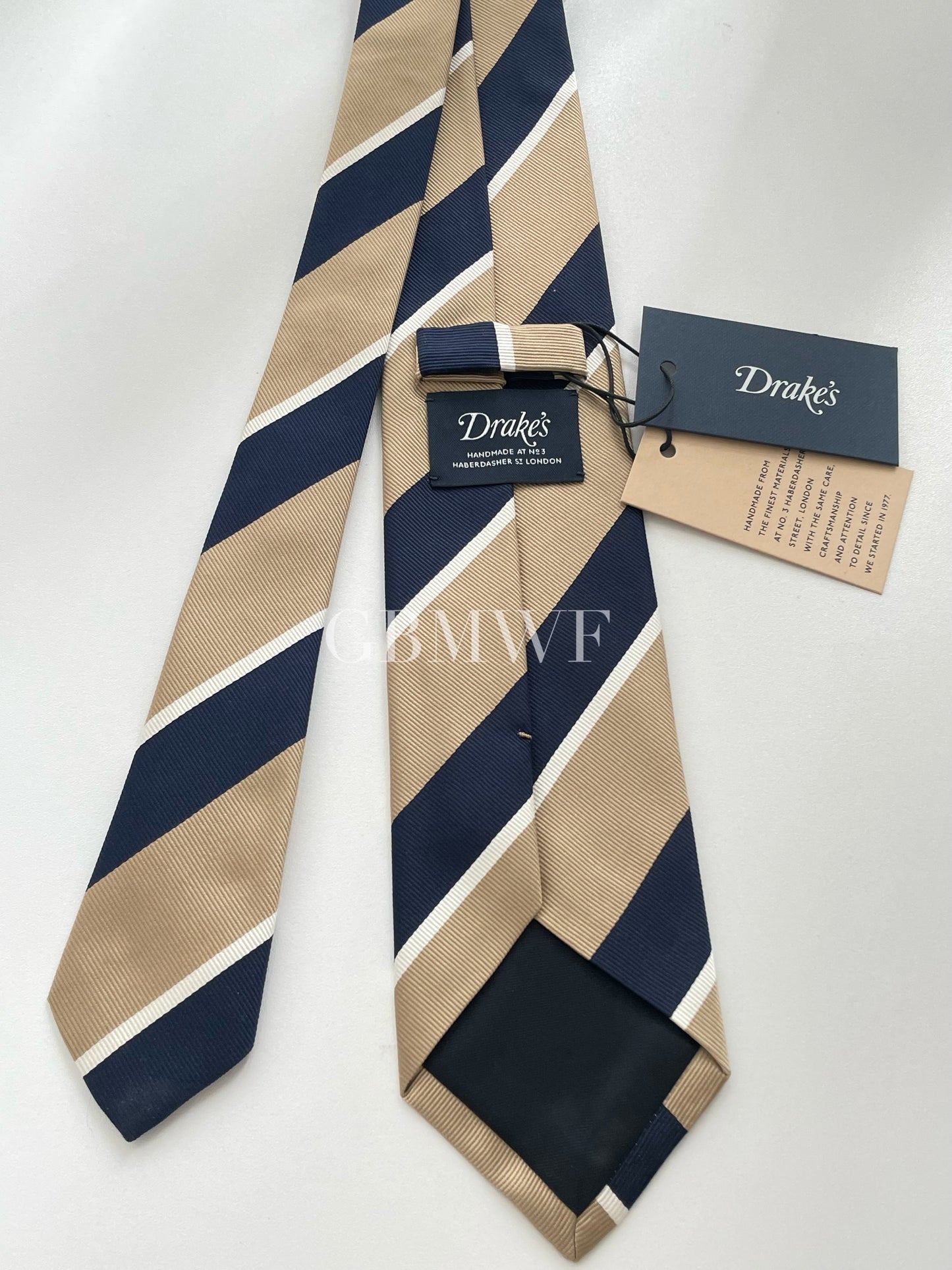 Drakes Handmade Striped Tipped Silk Tie With Tag