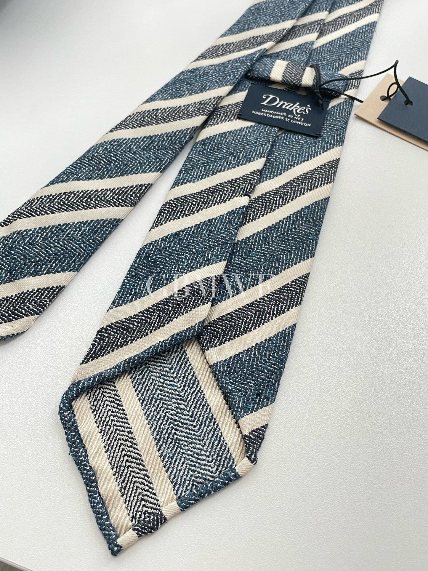 Drakes Handmade Striped Tipped Silk Tie With Tag