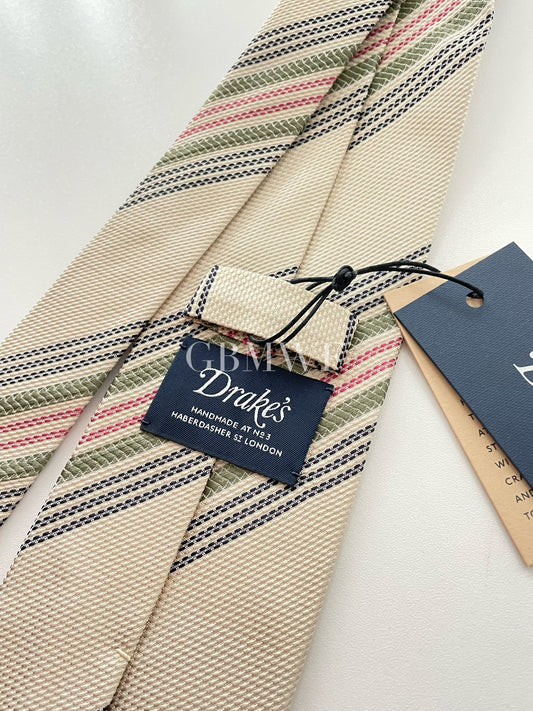 Drakes Handmade Striped Tipped Silk Tie With Tag