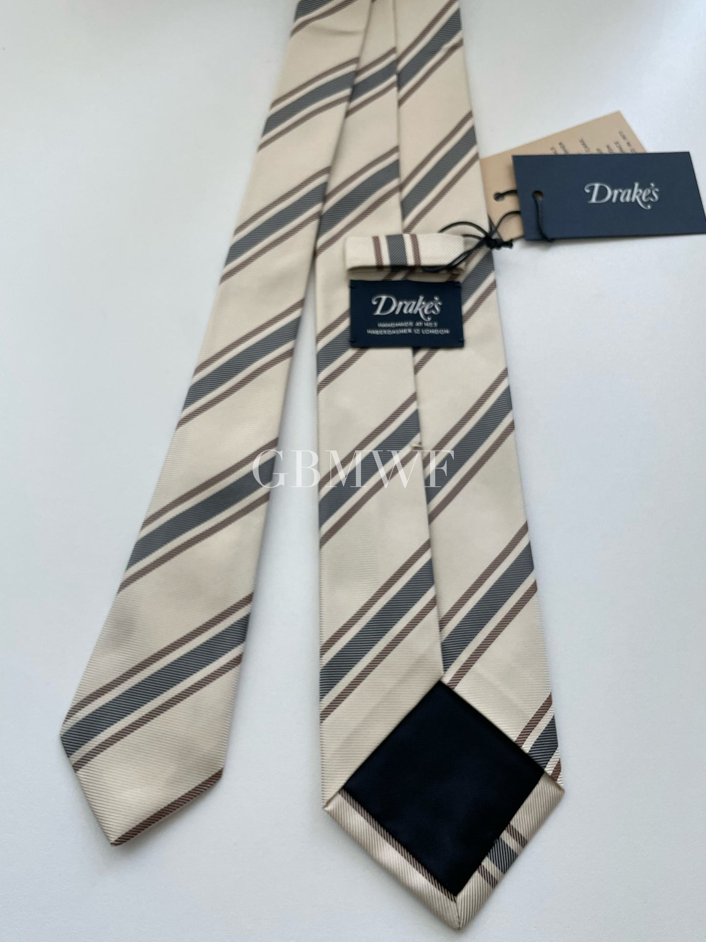 Drakes Handmade Striped Tipped Silk Tie With Tag