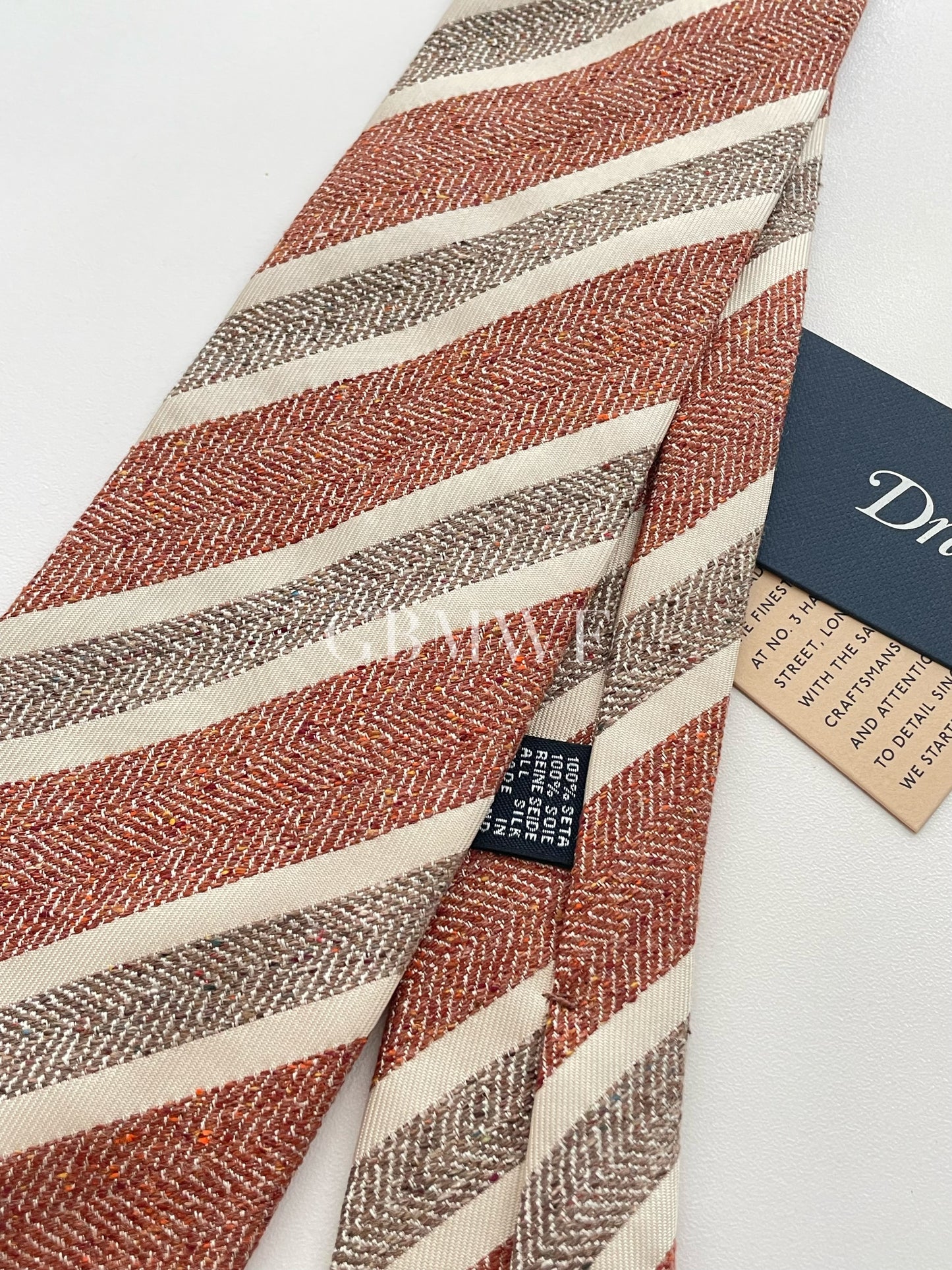 Drakes Handmade Striped Tipped Silk Tie With Tag