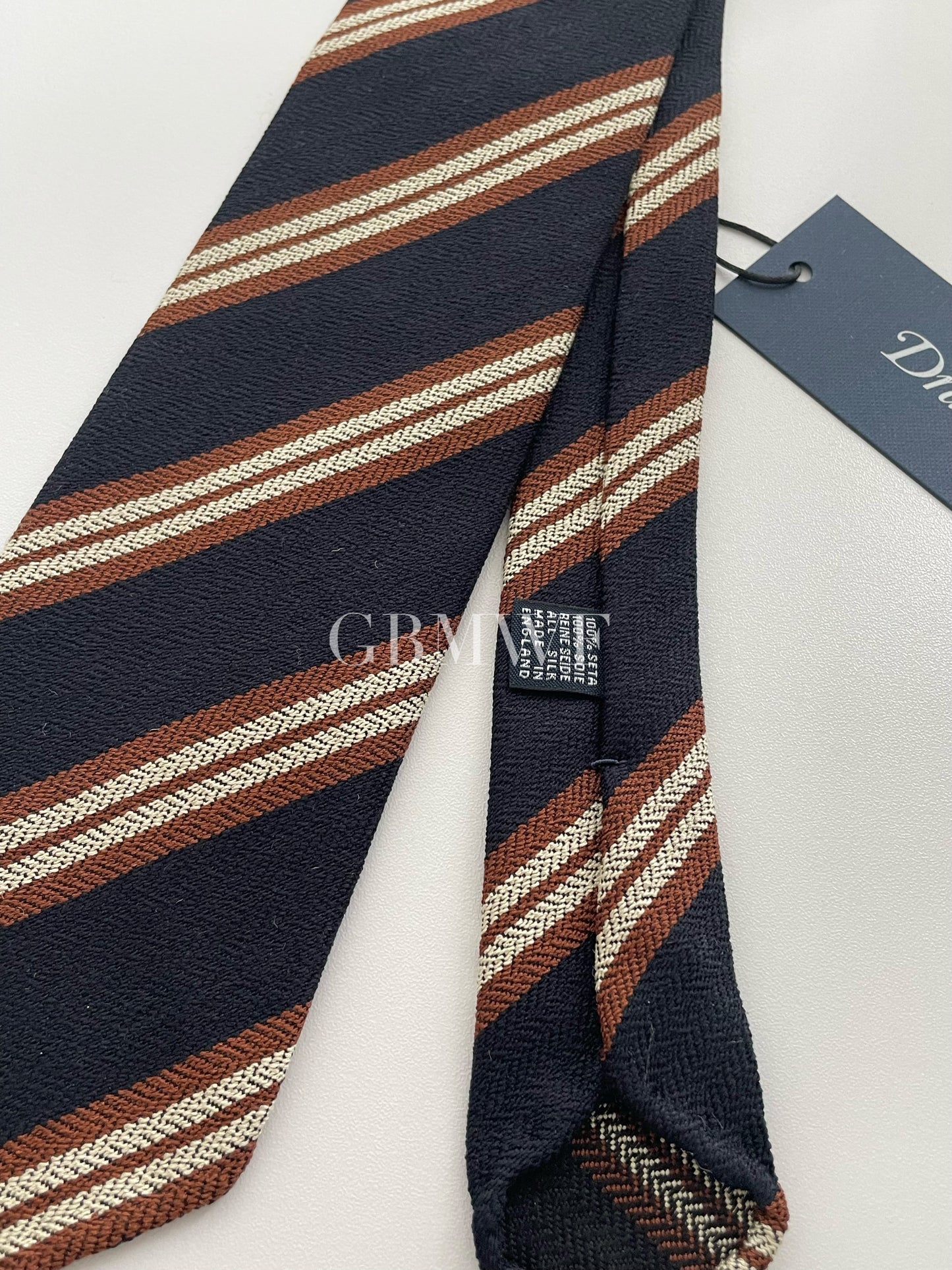 Drakes Handmade Striped Tipped Silk Tie With Tag