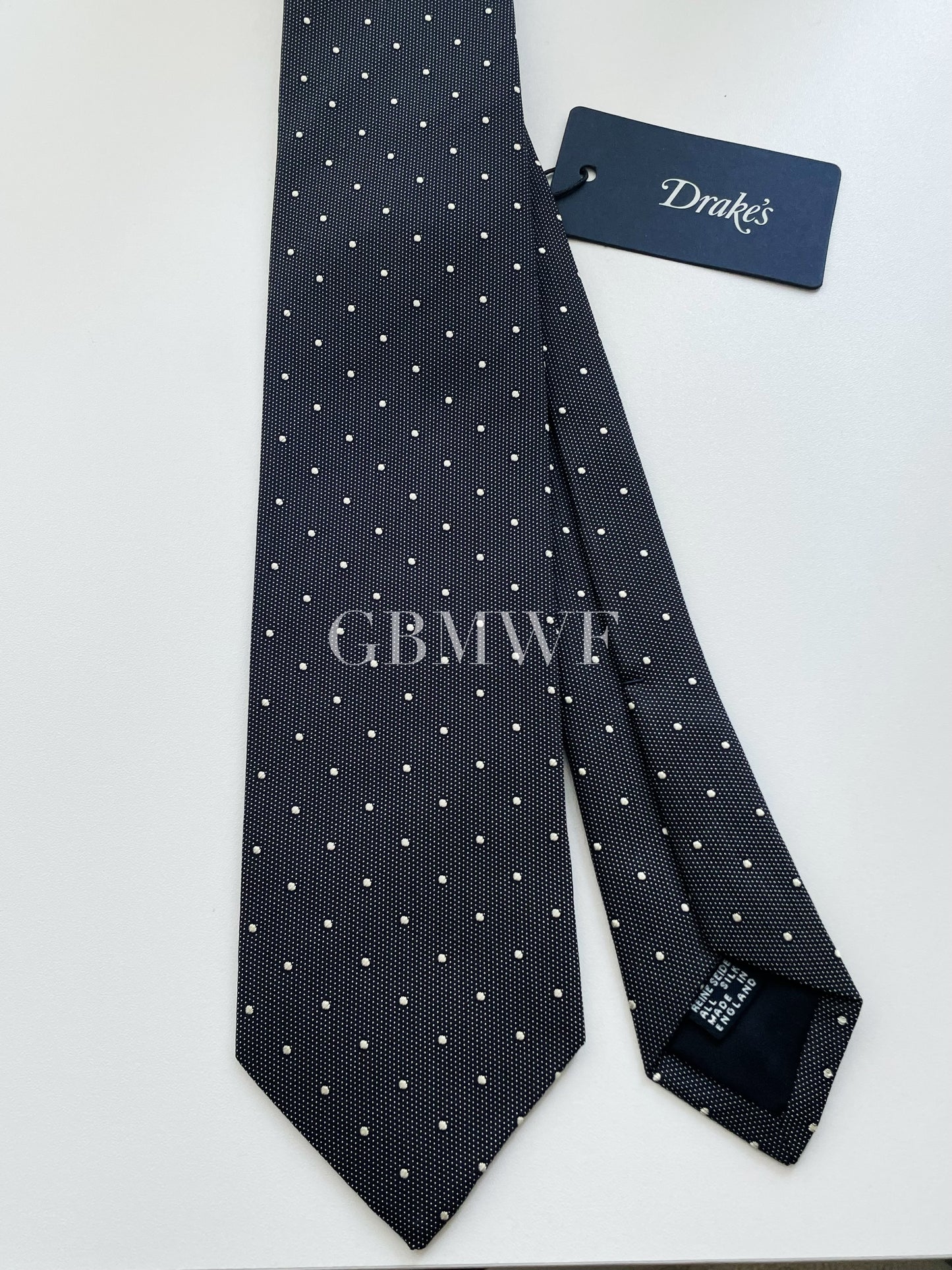 Drakes Handmade Polka Dot Tipped Silk Tie With Tag