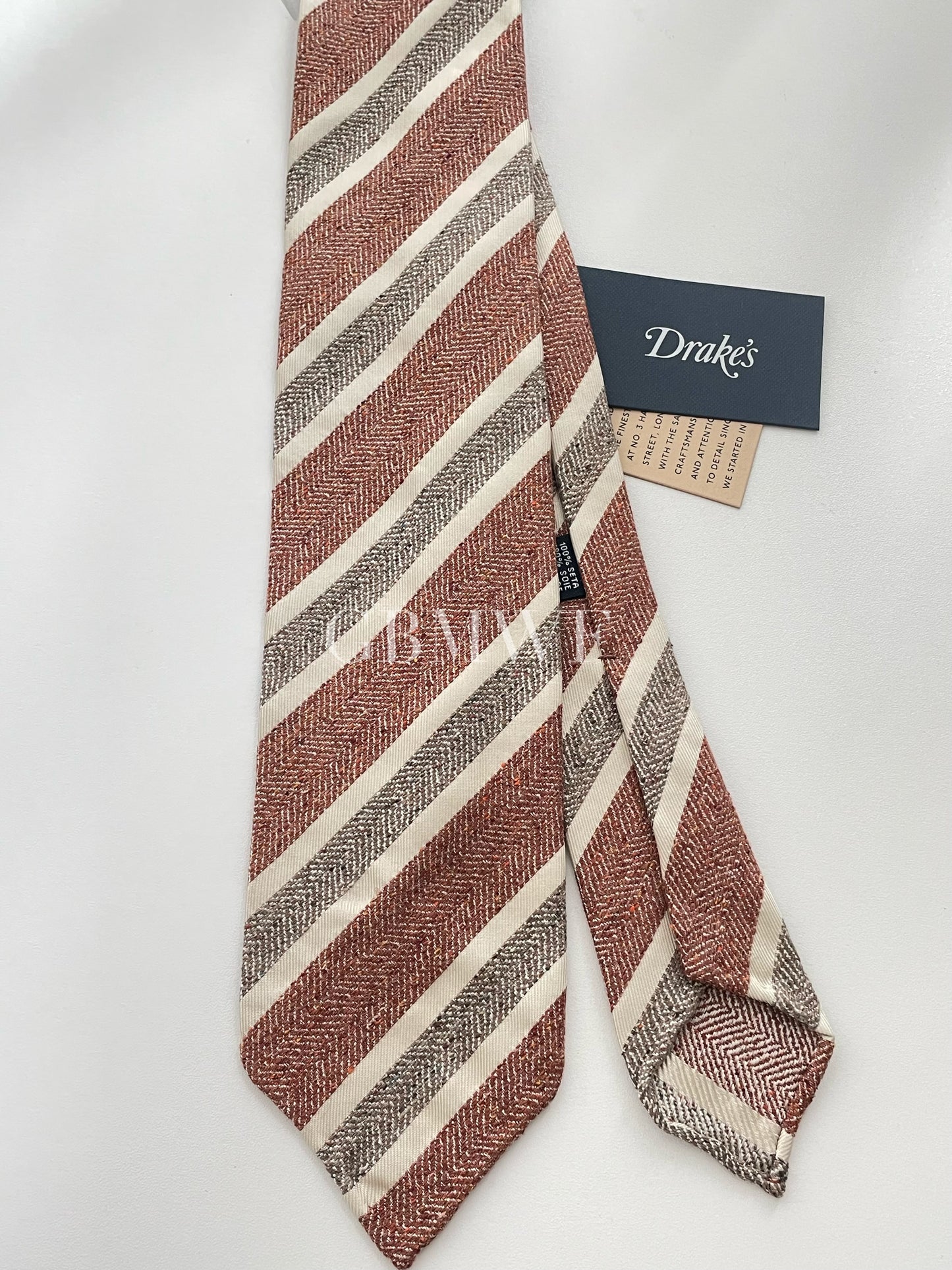 Drakes Handmade Striped Tipped Silk Tie With Tag