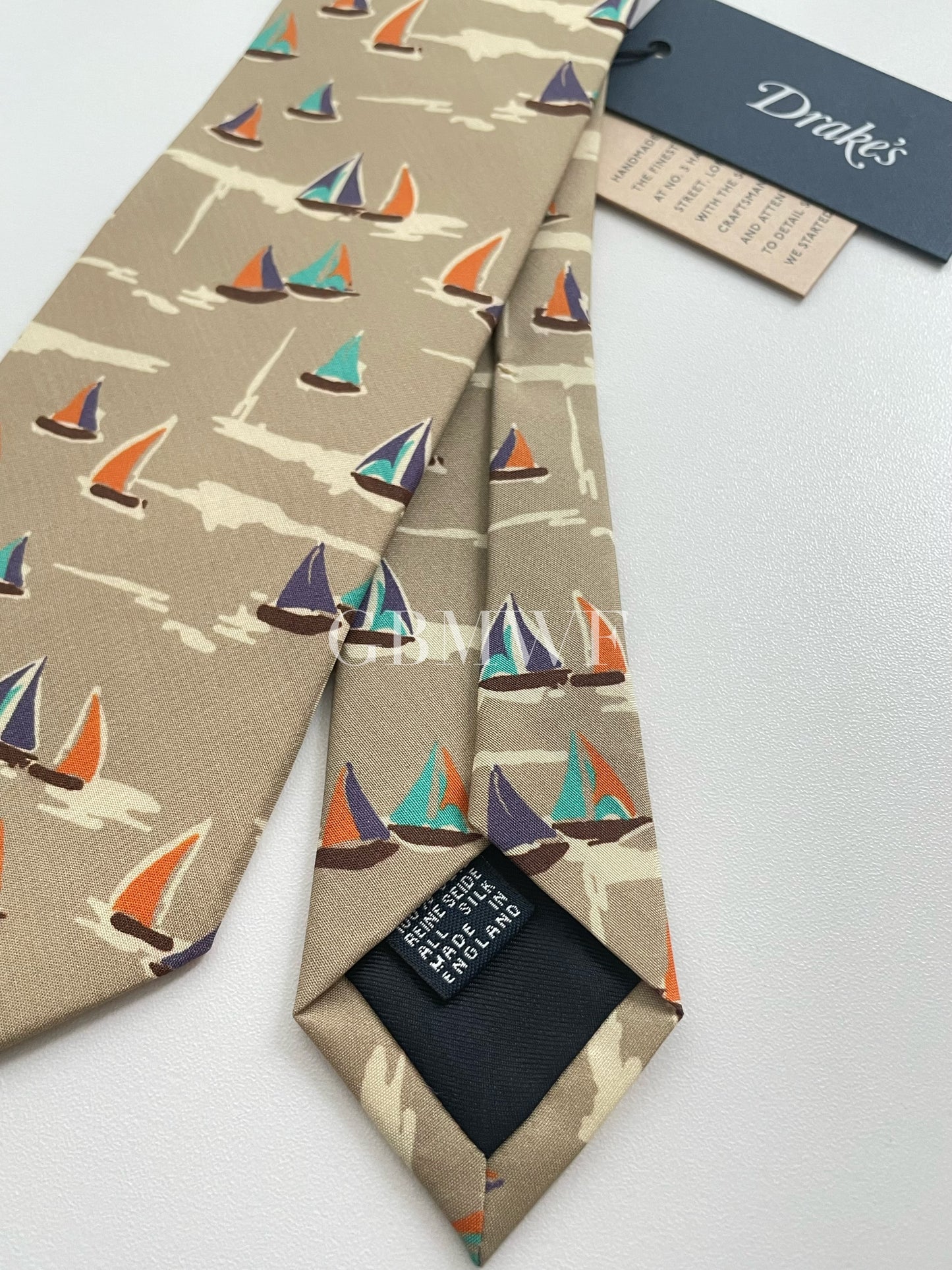 Drakes Handmade Tipped Silk Tie With Tag Sailboat Pattern