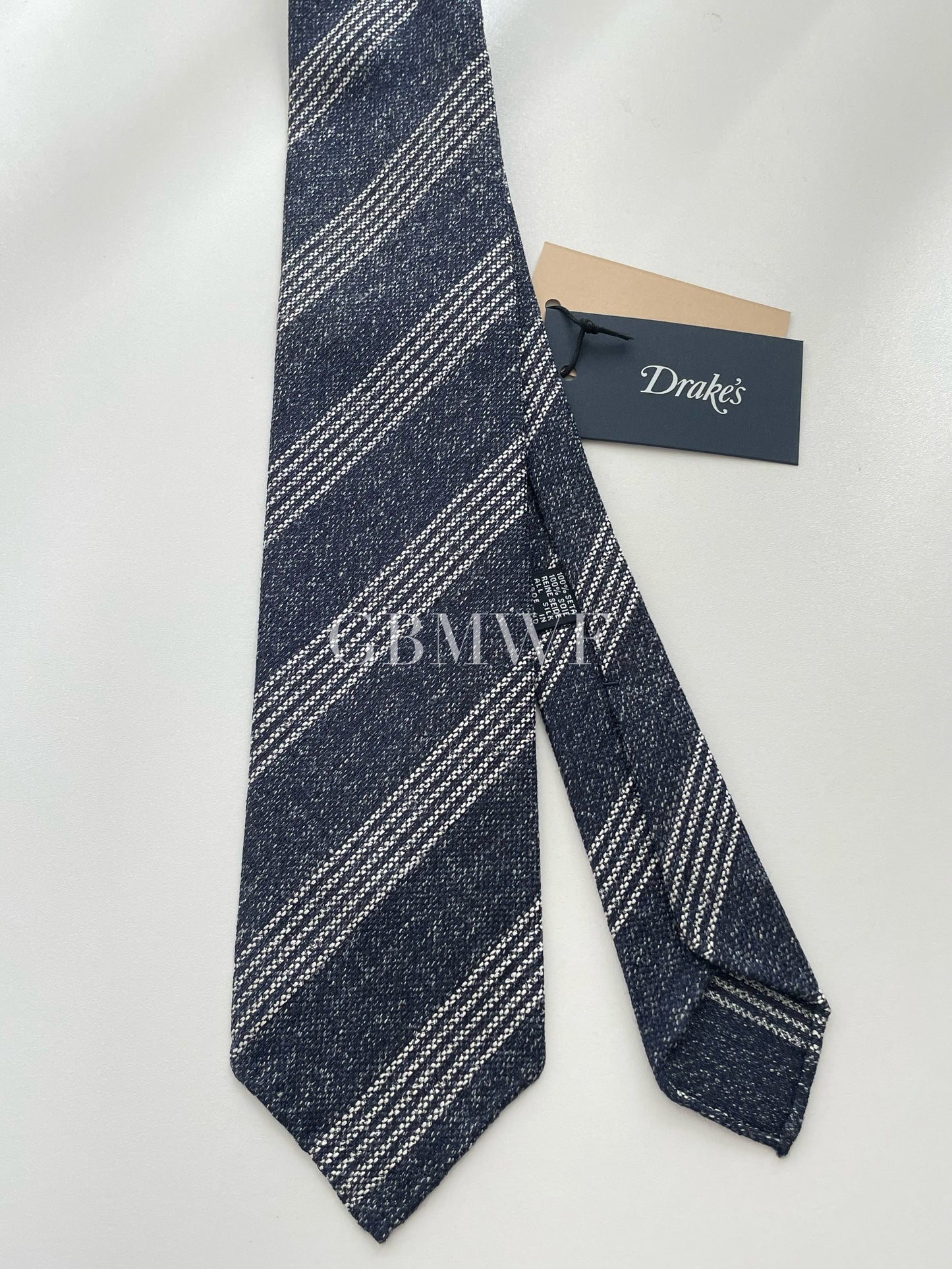 Drakes Handmade Striped Tipped Silk Tie With Tag