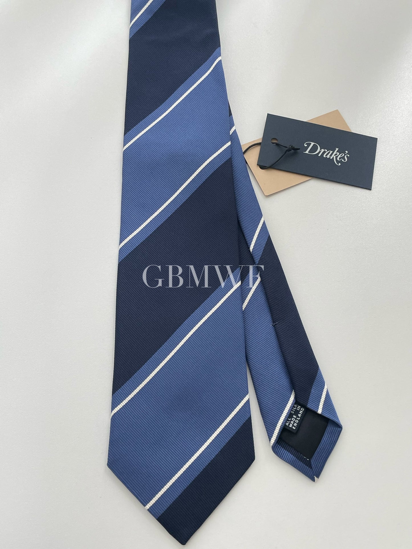 Drakes Handmade Striped Tipped Silk Tie With Tag