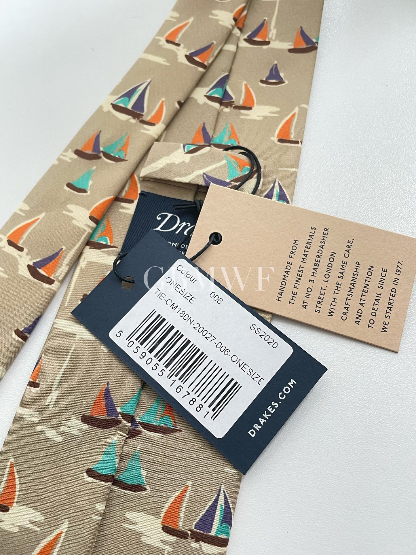 Drakes Handmade Tipped Silk Tie With Tag Sailboat Pattern