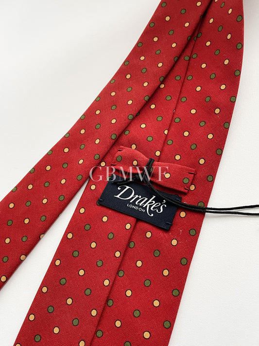 New Drakes Polka Dot Handmade Rolled Edge Silk Tie With Tag