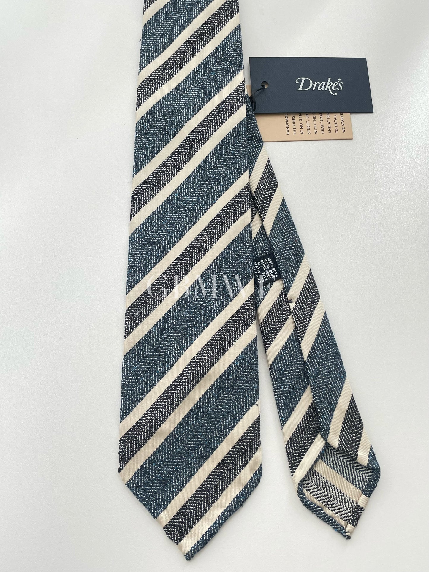 Drakes Handmade Striped Tipped Silk Tie With Tag