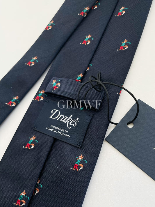 Drakes Handmade Tipped Silk Tie With Tag Golf Fox Limited Edition