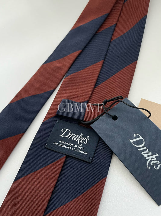 Drakes Handmade Striped Tipped Silk Tie With Tag