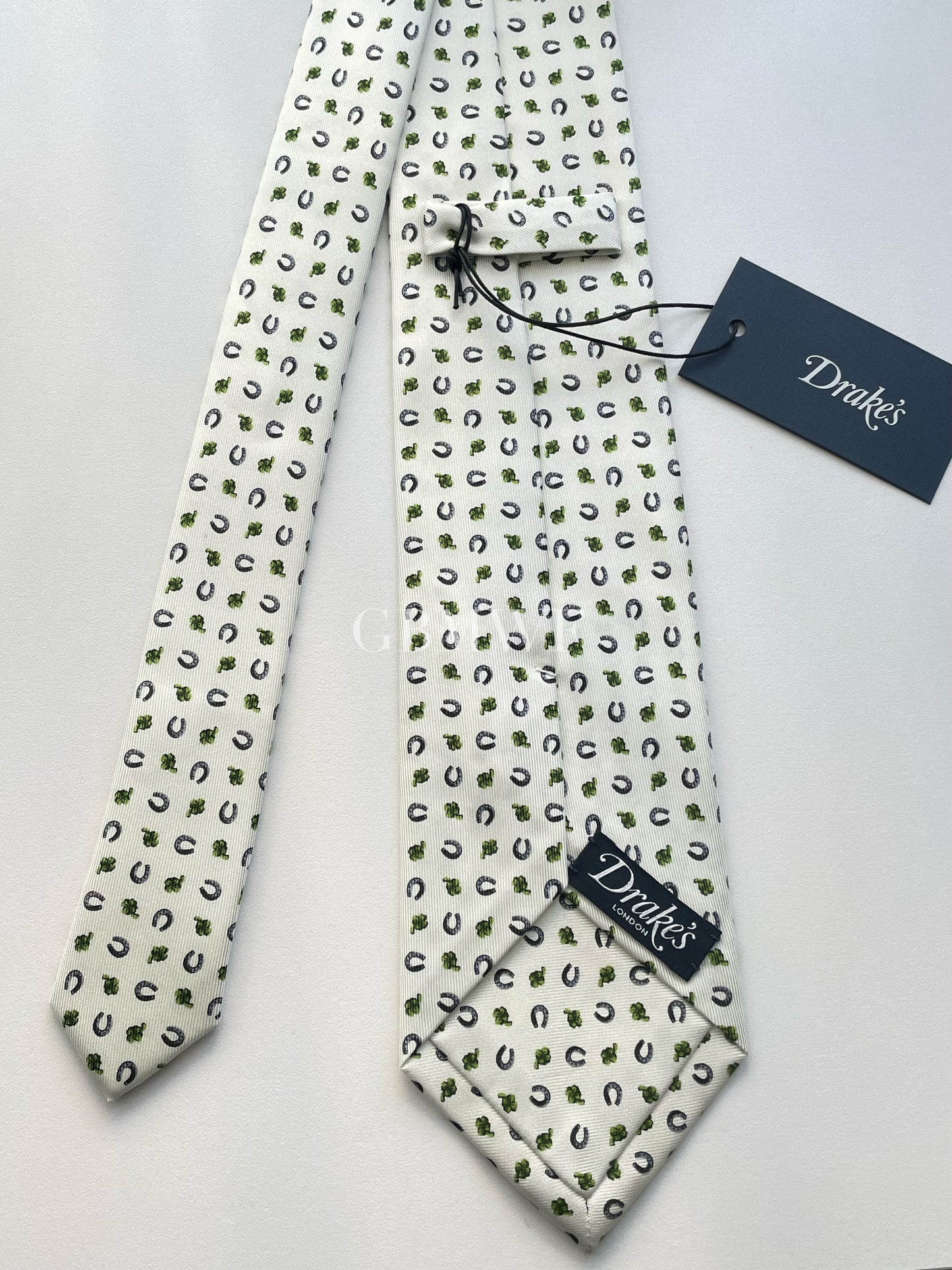 Drakes Handmade Tipped Silk Tie With Tag Horseshoe and Four-leaf clover