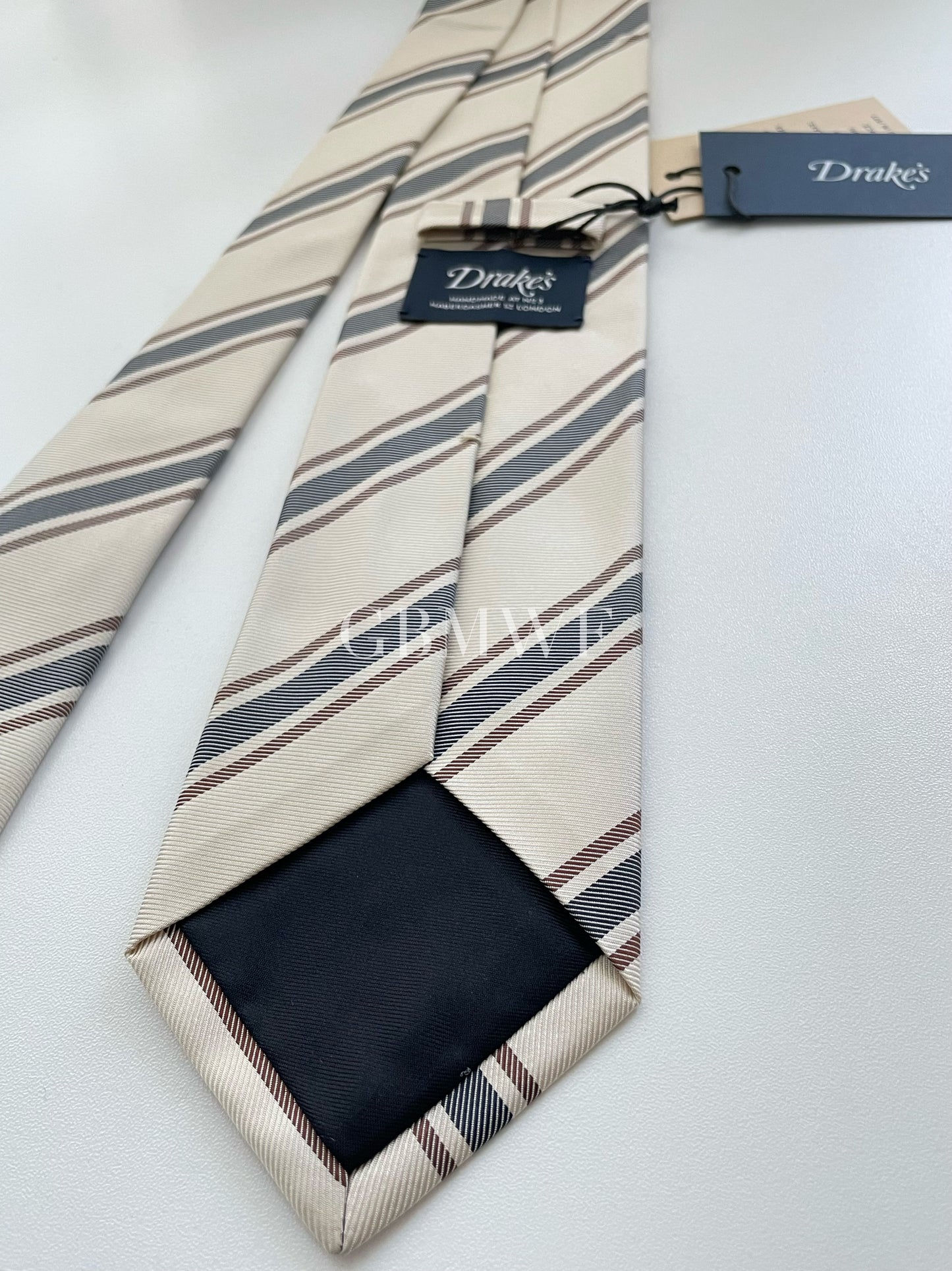 Drakes Handmade Striped Tipped Silk Tie With Tag