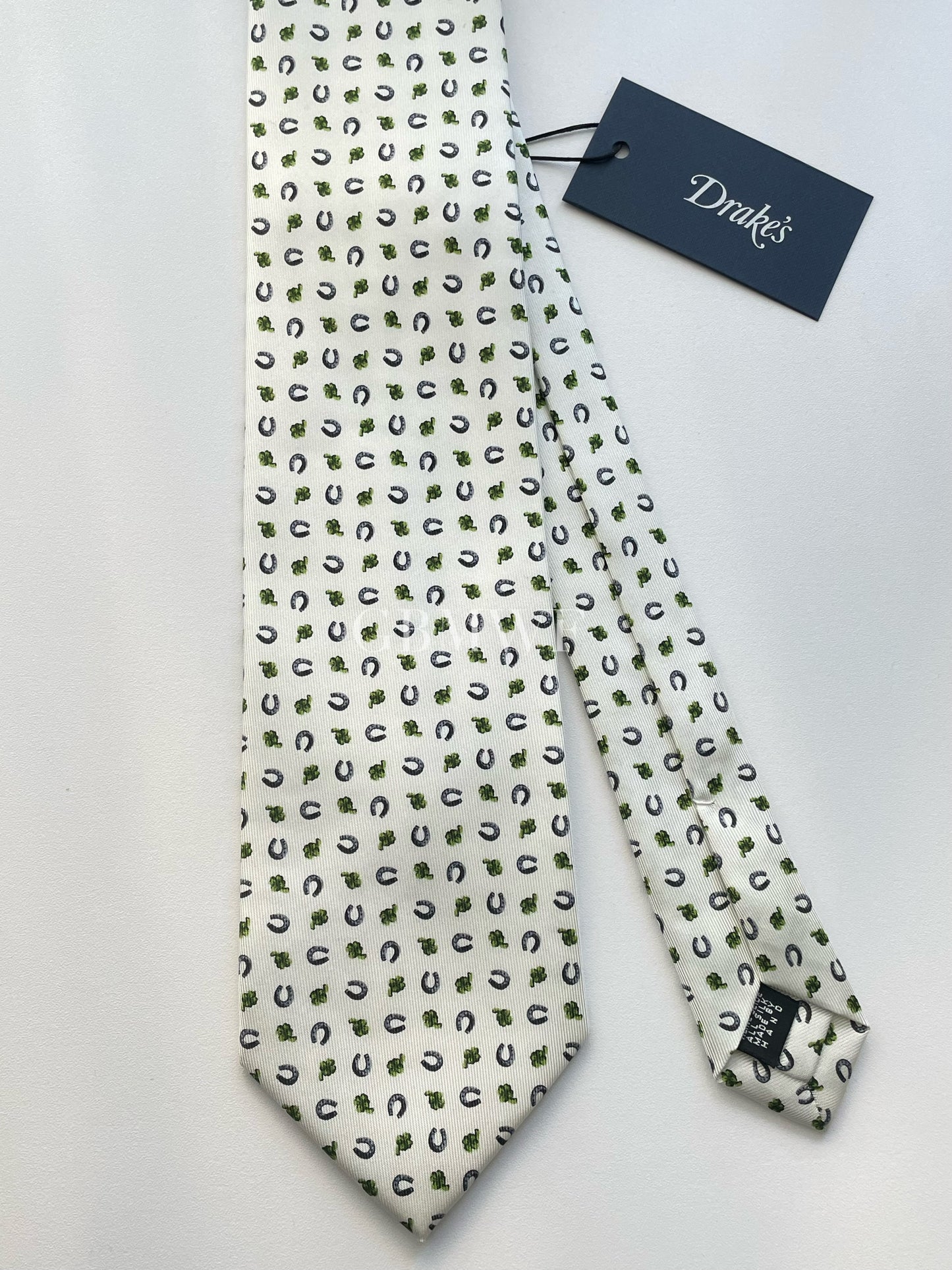 Drakes Handmade Tipped Silk Tie With Tag Horseshoe and Four-leaf clover