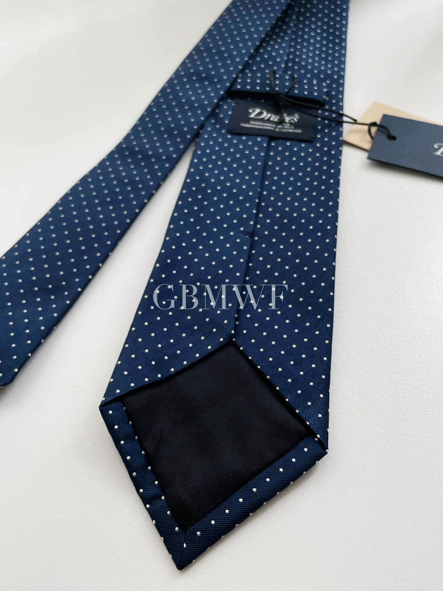 Drakes Handmade Polka Dot Tipped Silk Tie With Tag