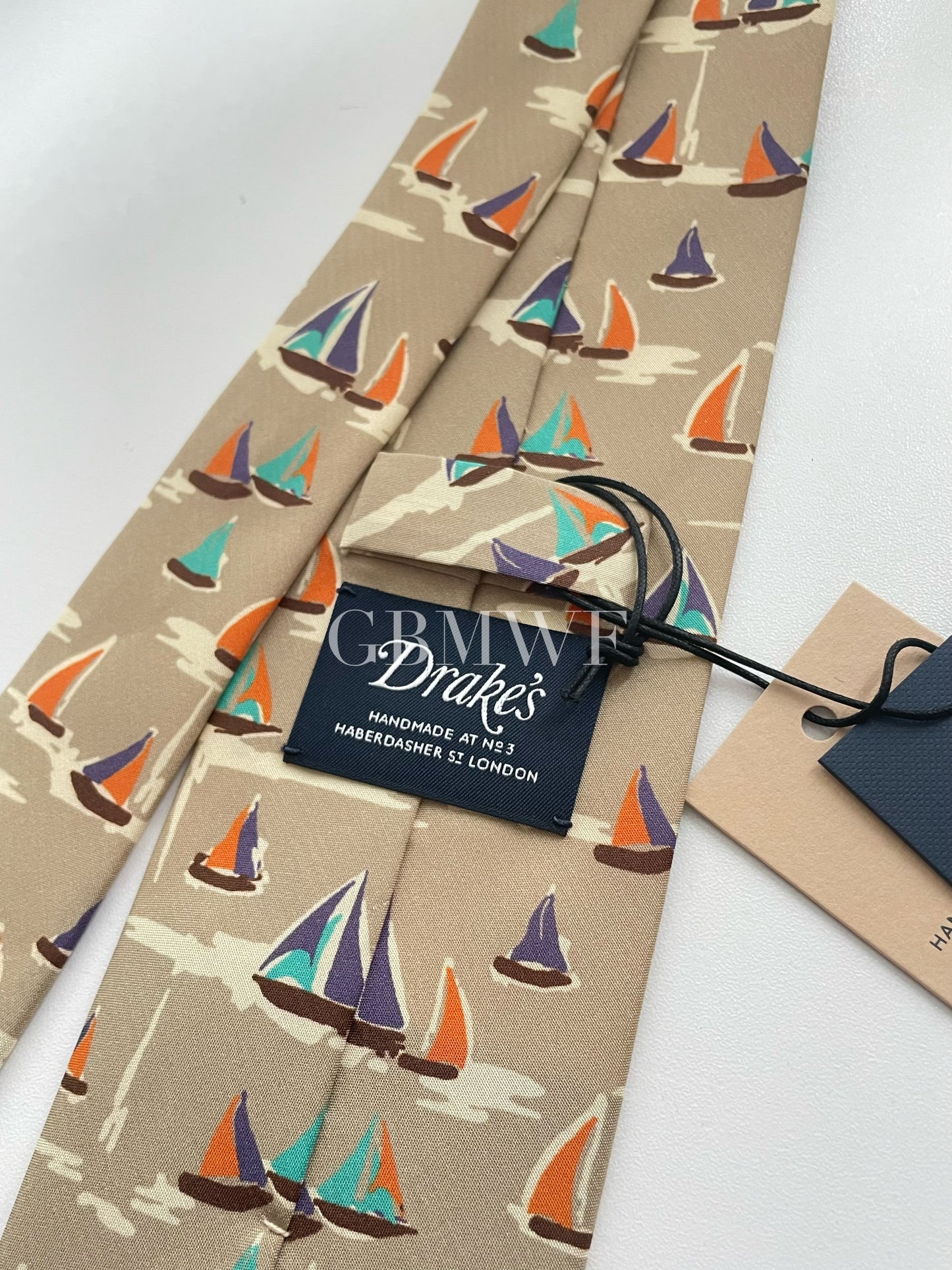 Drakes Handmade Tipped Silk Tie With Tag Sailboat Pattern