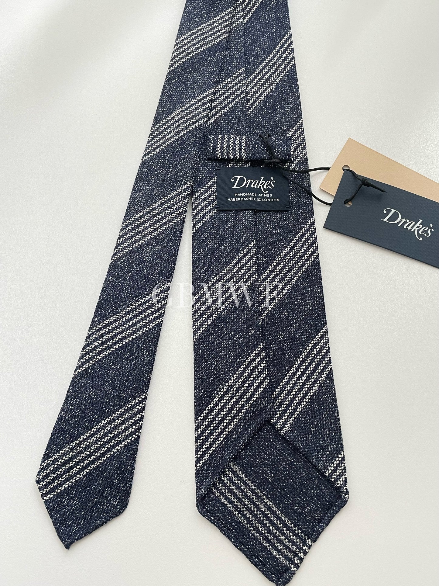 Drakes Handmade Striped Tipped Silk Tie With Tag