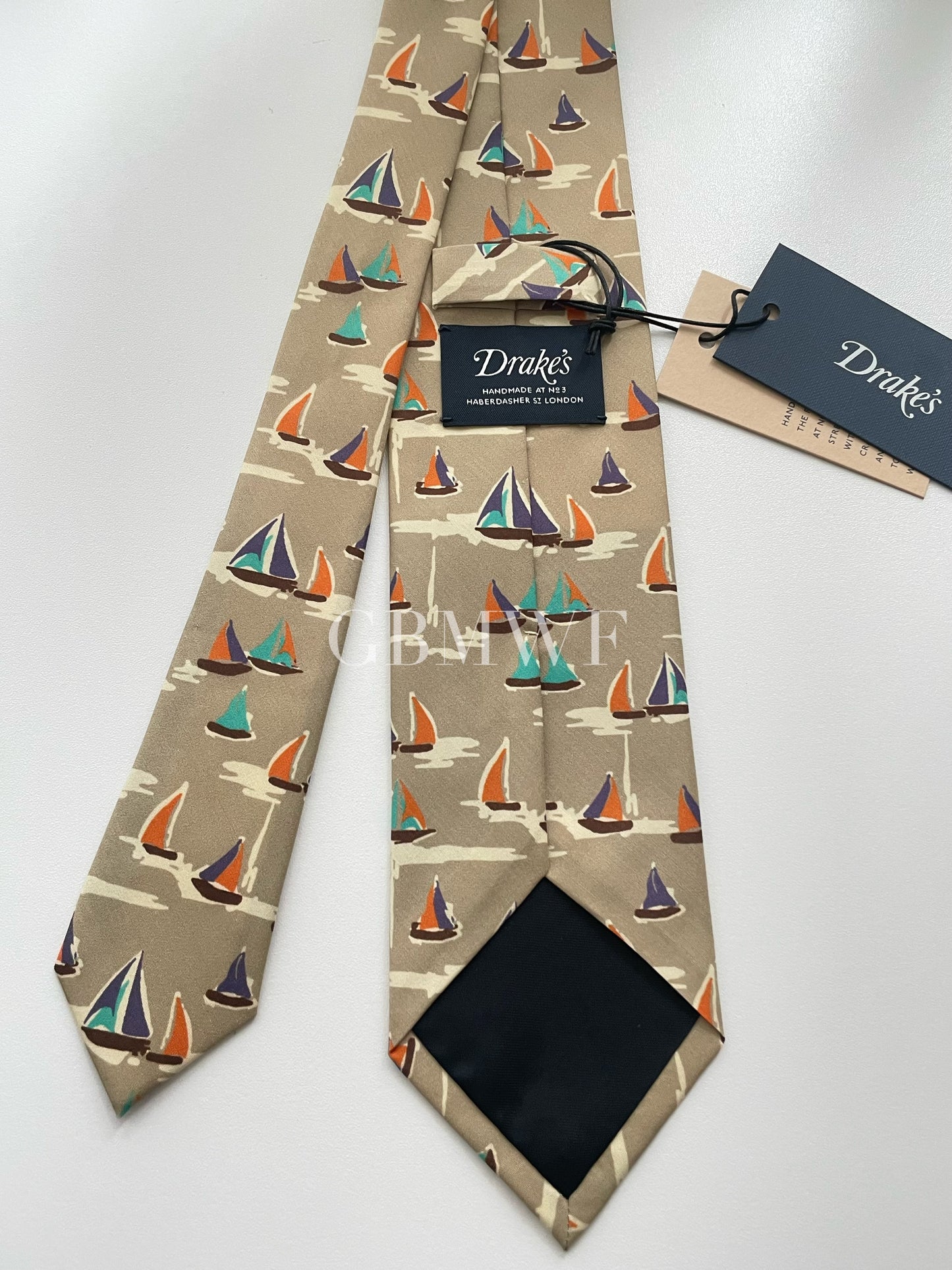 Drakes Handmade Tipped Silk Tie With Tag Sailboat Pattern