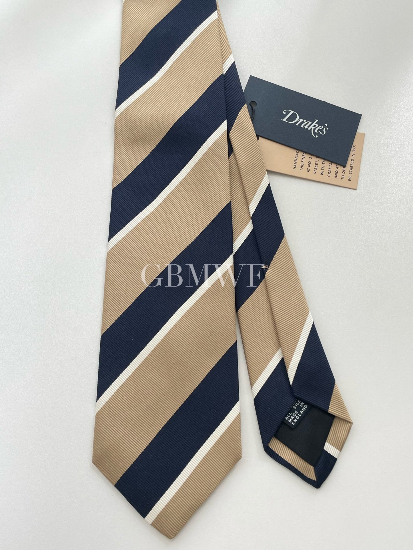 Drakes Handmade Striped Tipped Silk Tie With Tag