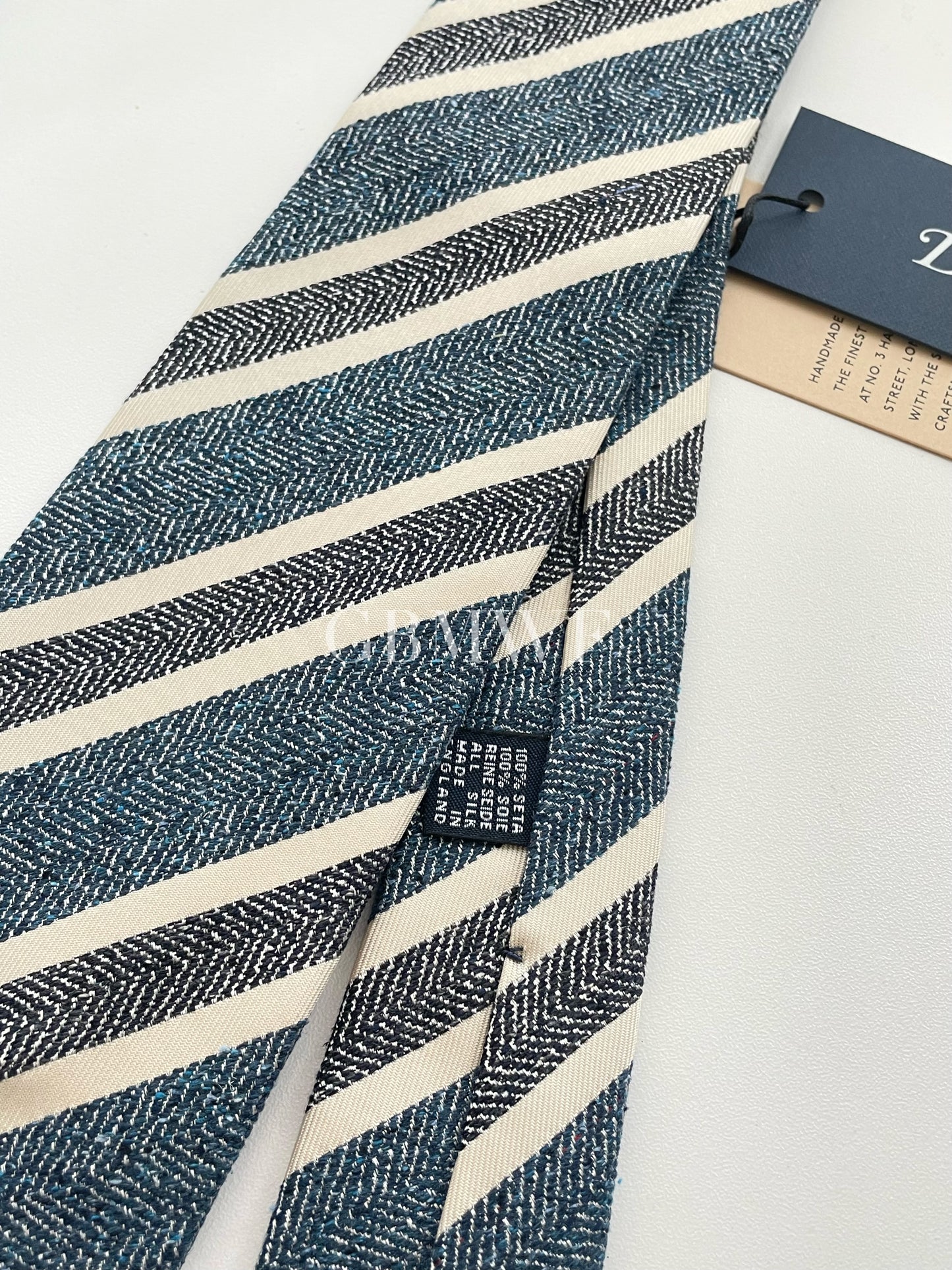 Drakes Handmade Striped Tipped Silk Tie With Tag