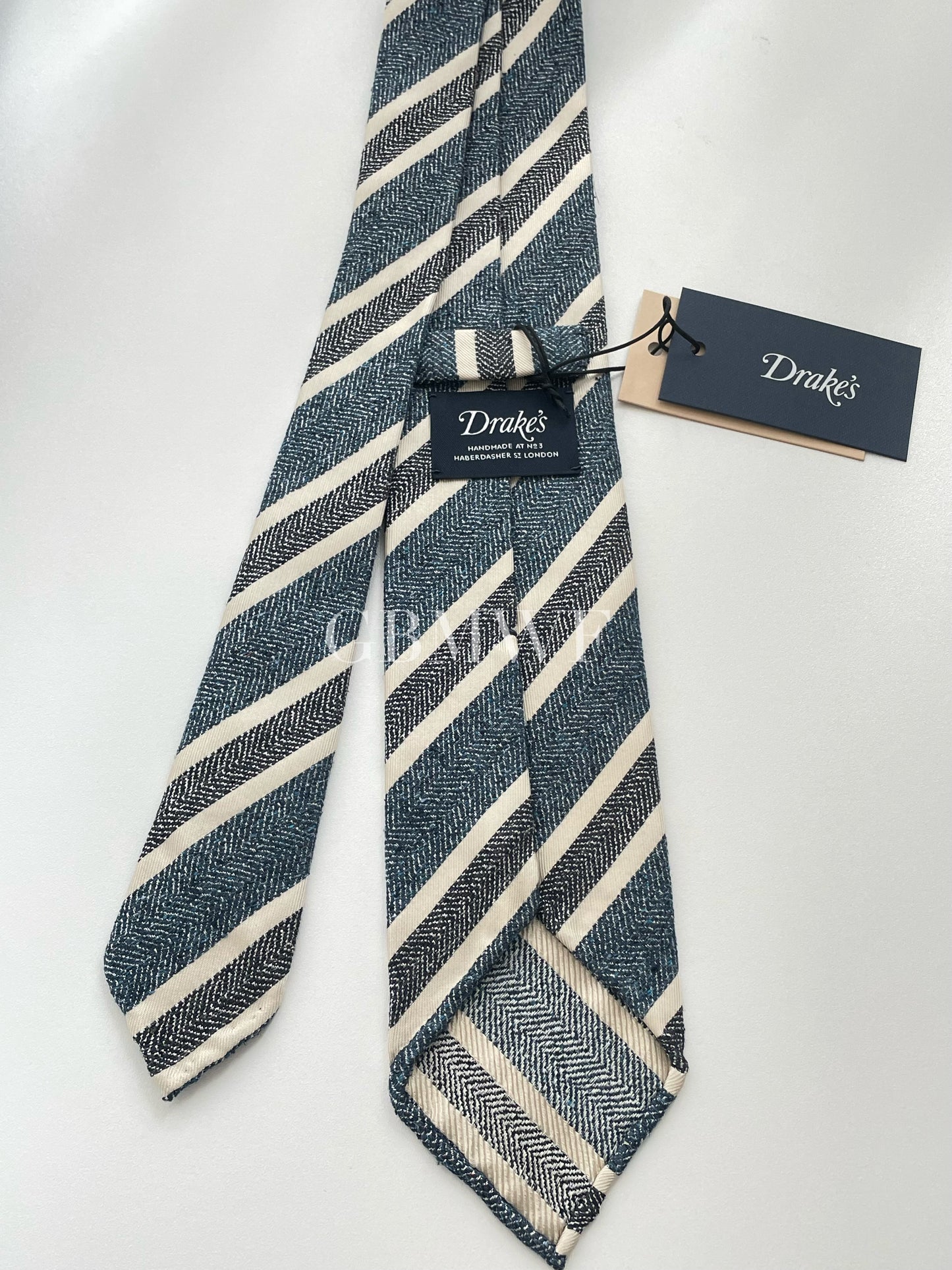 Drakes Handmade Striped Tipped Silk Tie With Tag