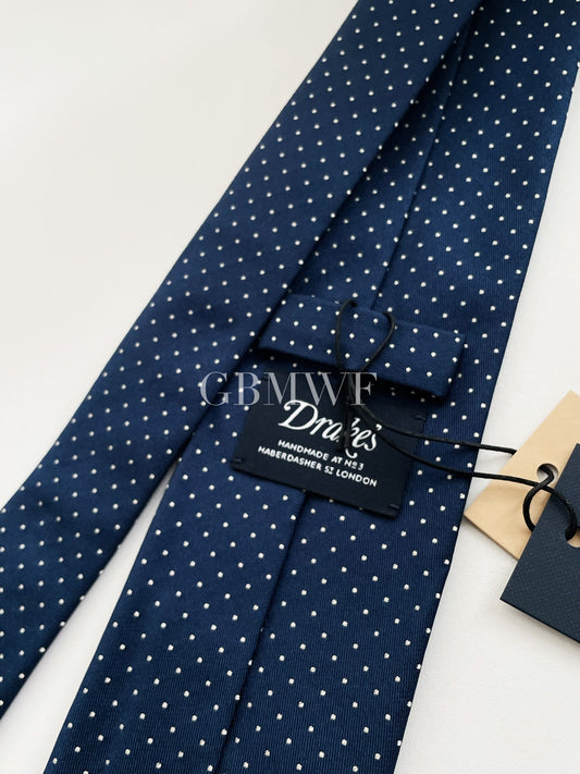 Drakes Handmade Polka Dot Tipped Silk Tie With Tag