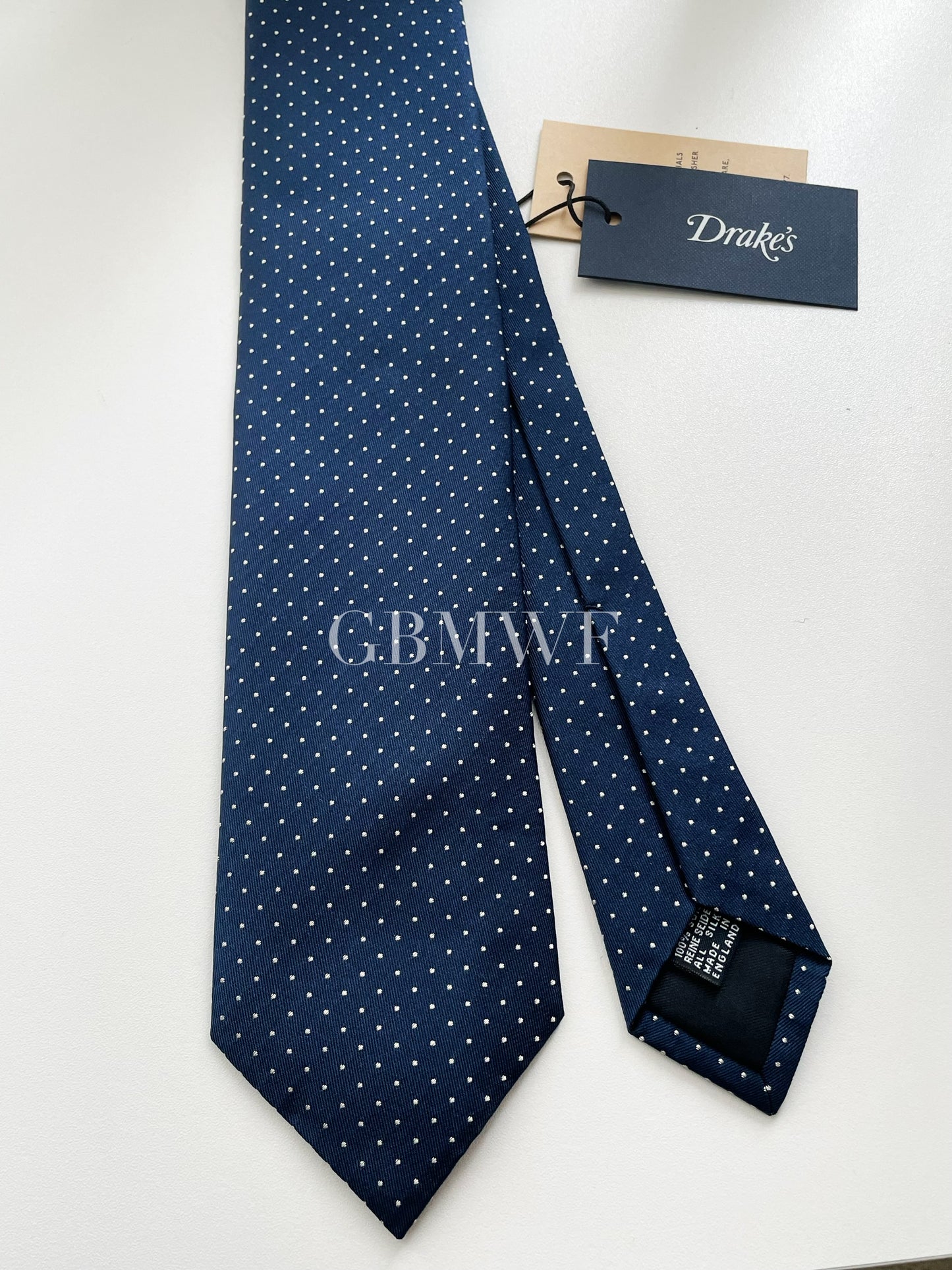 Drakes Handmade Polka Dot Tipped Silk Tie With Tag