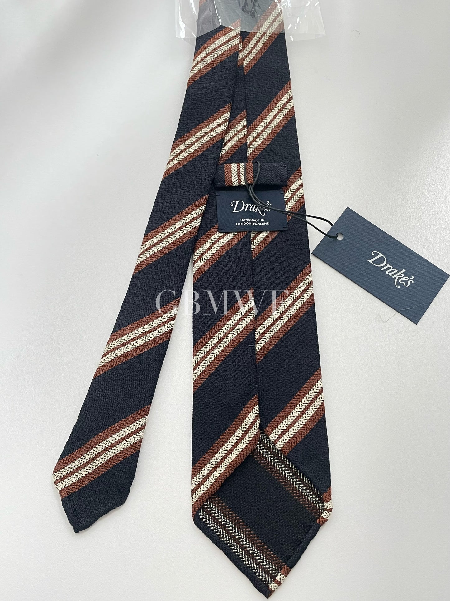 Drakes Handmade Striped Tipped Silk Tie With Tag