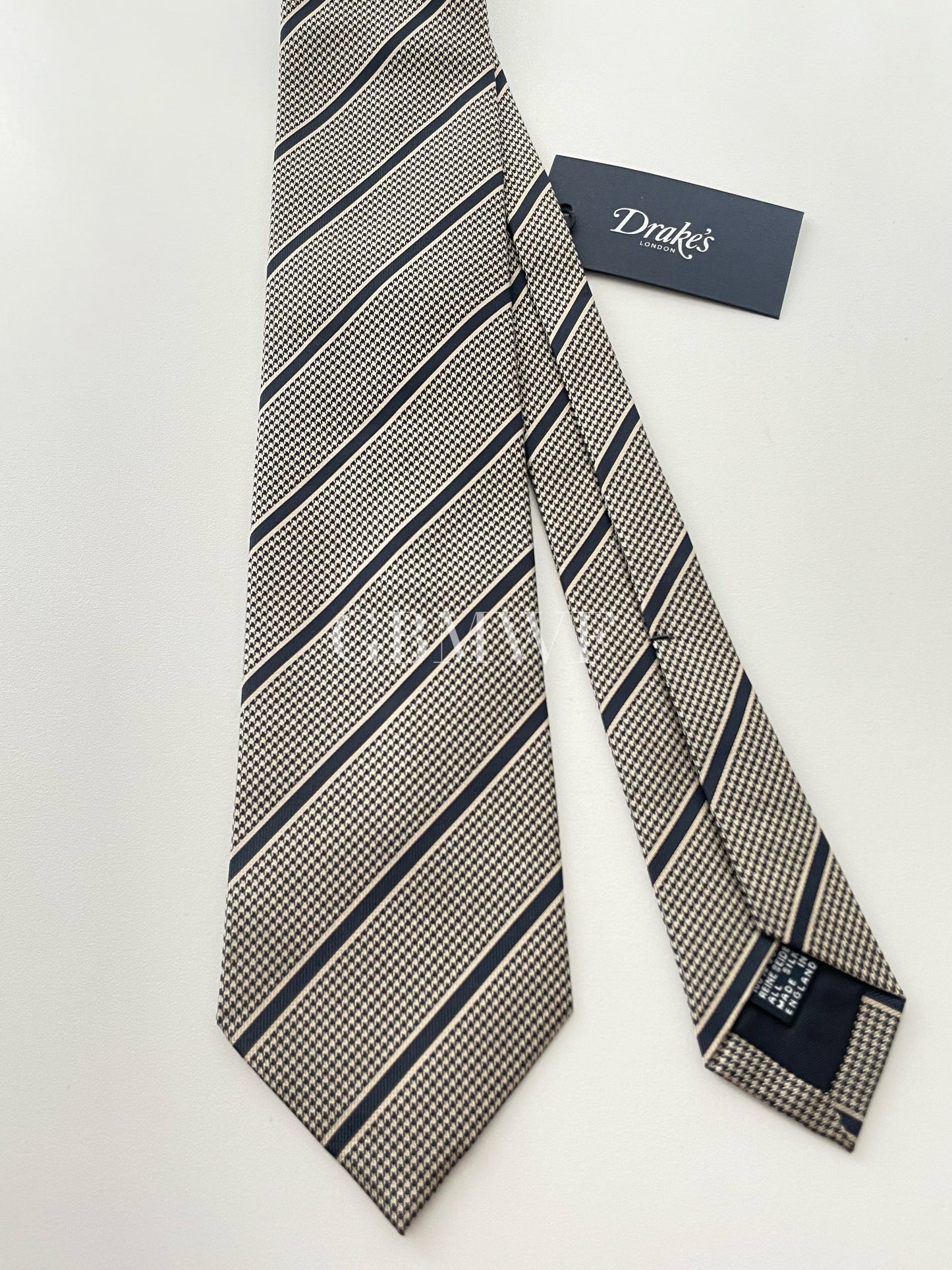 Drakes Handmade Striped Tipped Silk Tie With Tag