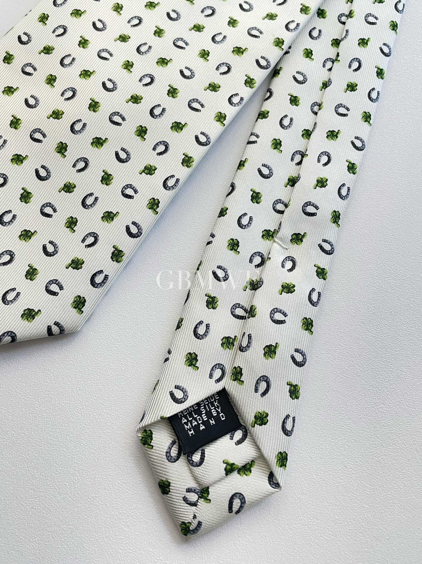 Drakes Handmade Tipped Silk Tie With Tag Horseshoe and Four-leaf clover