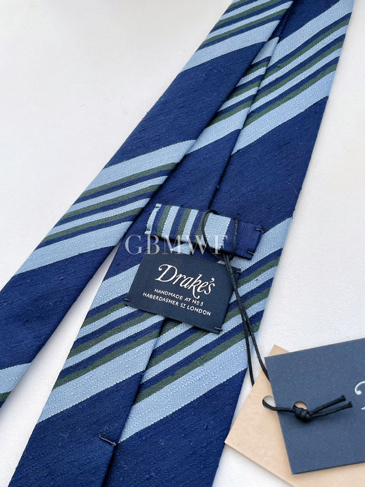 Drakes Hand-rolled Edge Block Multi Stripe Silk Handmade Tie With Tag