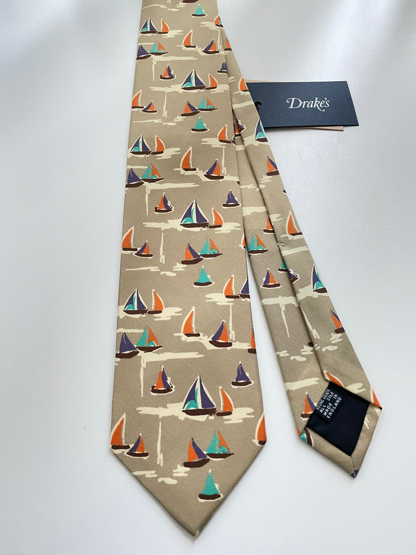 Drakes Multicoloured Silk Hand made Tipped Tie Sailboat