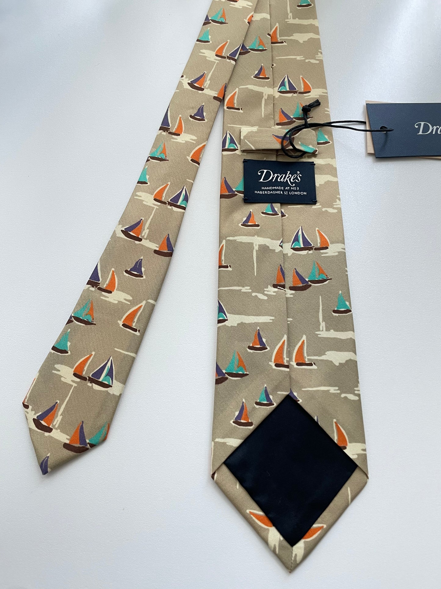 Drakes Multicoloured Silk Hand made Tipped Tie Sailboat