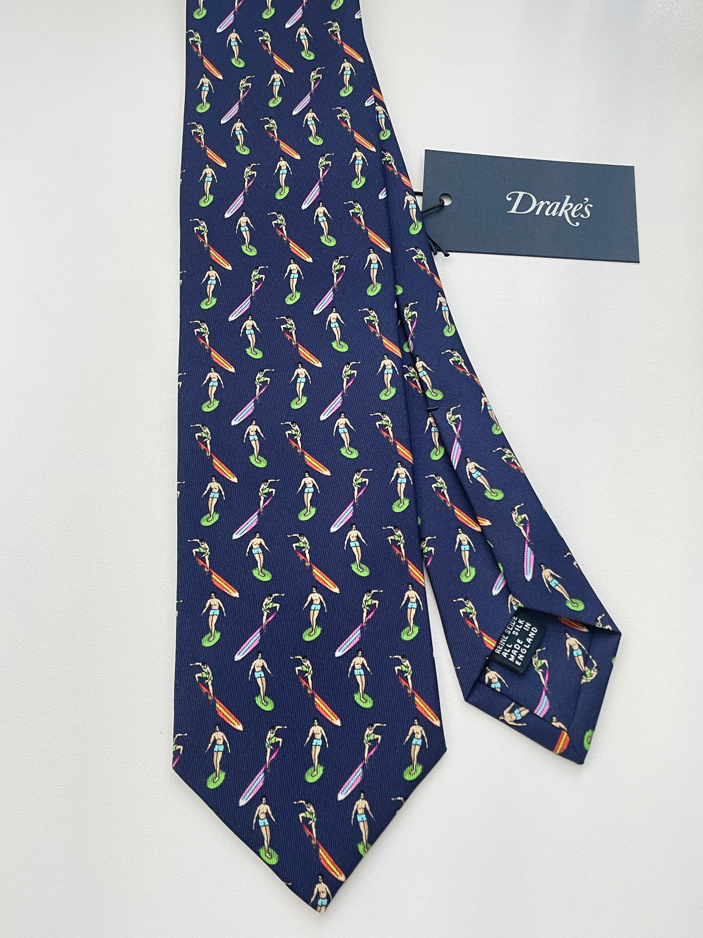 Limited Drakes Navy Multicoloured Tipped Silk Tie with Surfing Motif Sports Collection