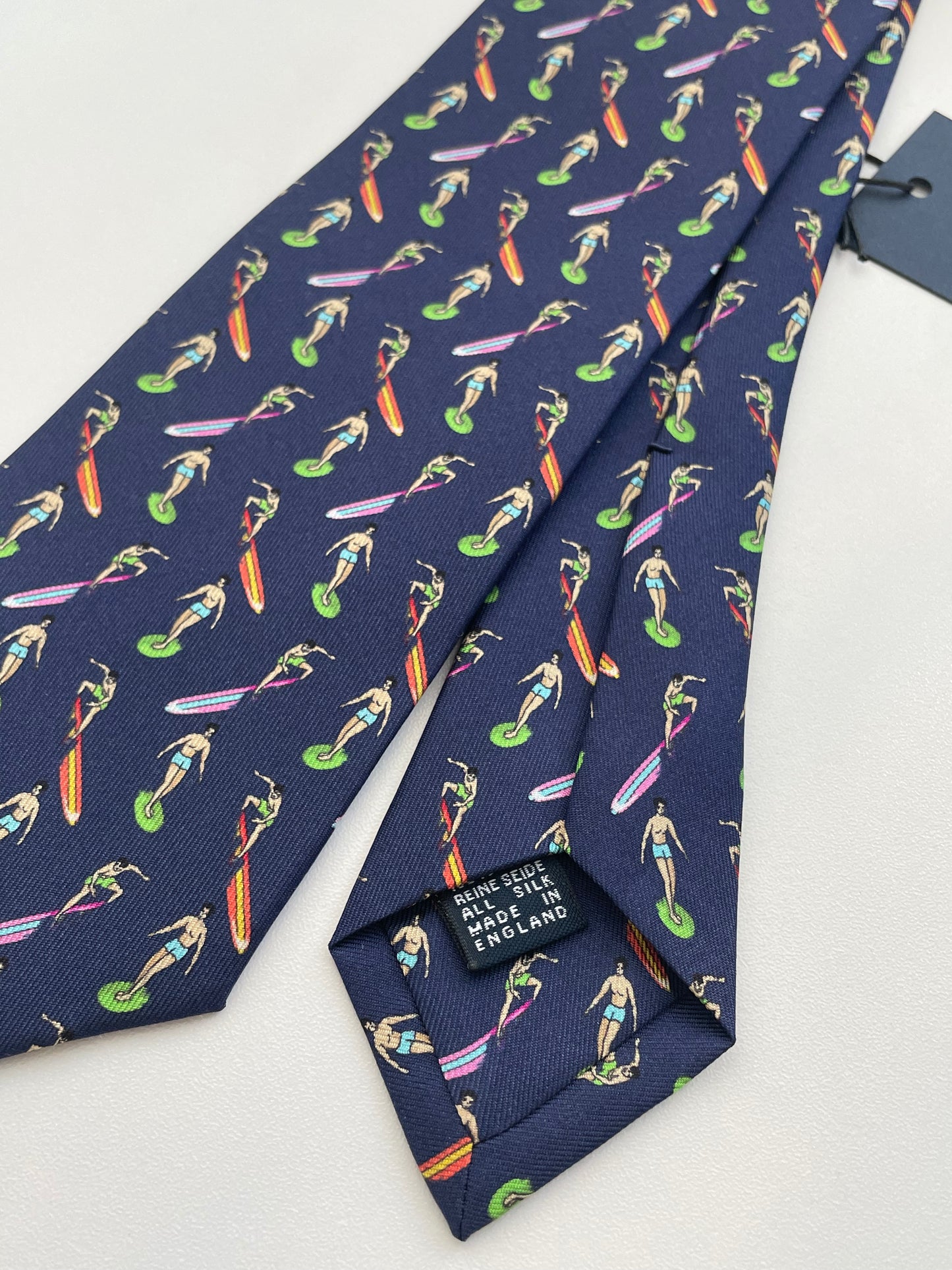 Limited Drakes Navy Multicoloured Tipped Silk Tie with Surfing Motif Sports Collection