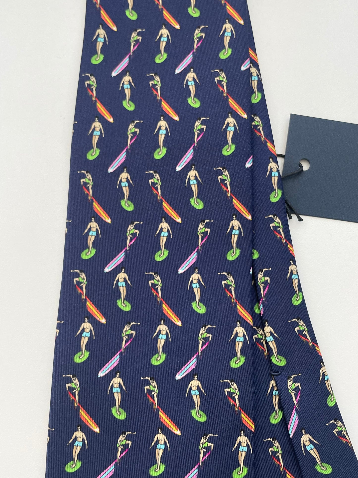 Limited Drakes Navy Multicoloured Tipped Silk Tie with Surfing Motif Sports Collection